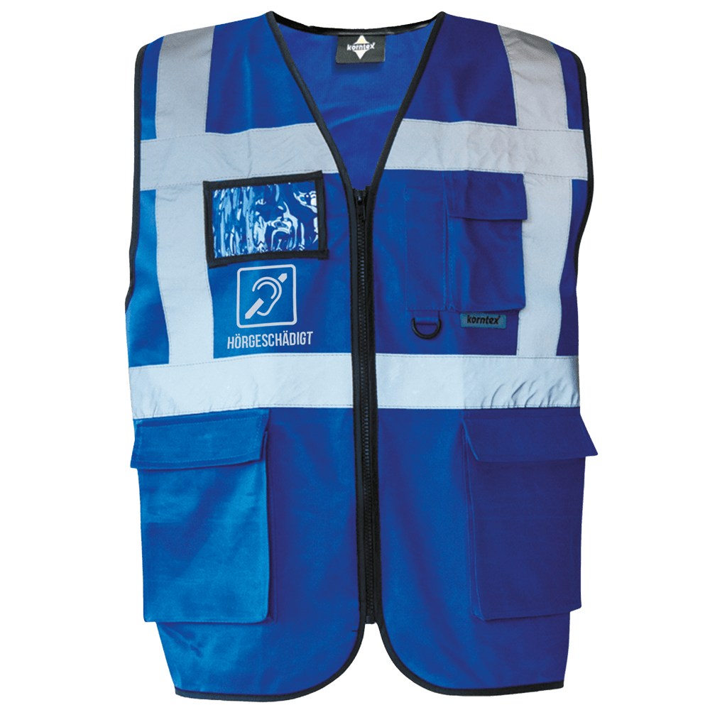 Korntex-KXMF-Warnwesten-kobaltblau-vorn Warnweste für Hörgeschädigte mit reflektierendem Symbol Royalblau vorne