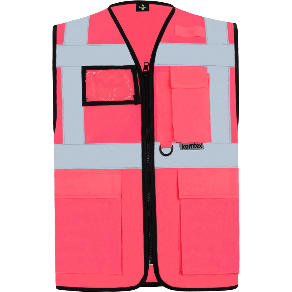 Korntex-KXMF-Warnwesten-rosa-vorn Warnweste für Hörgeschädigte mit reflektierendem Symbol neon pink vorne