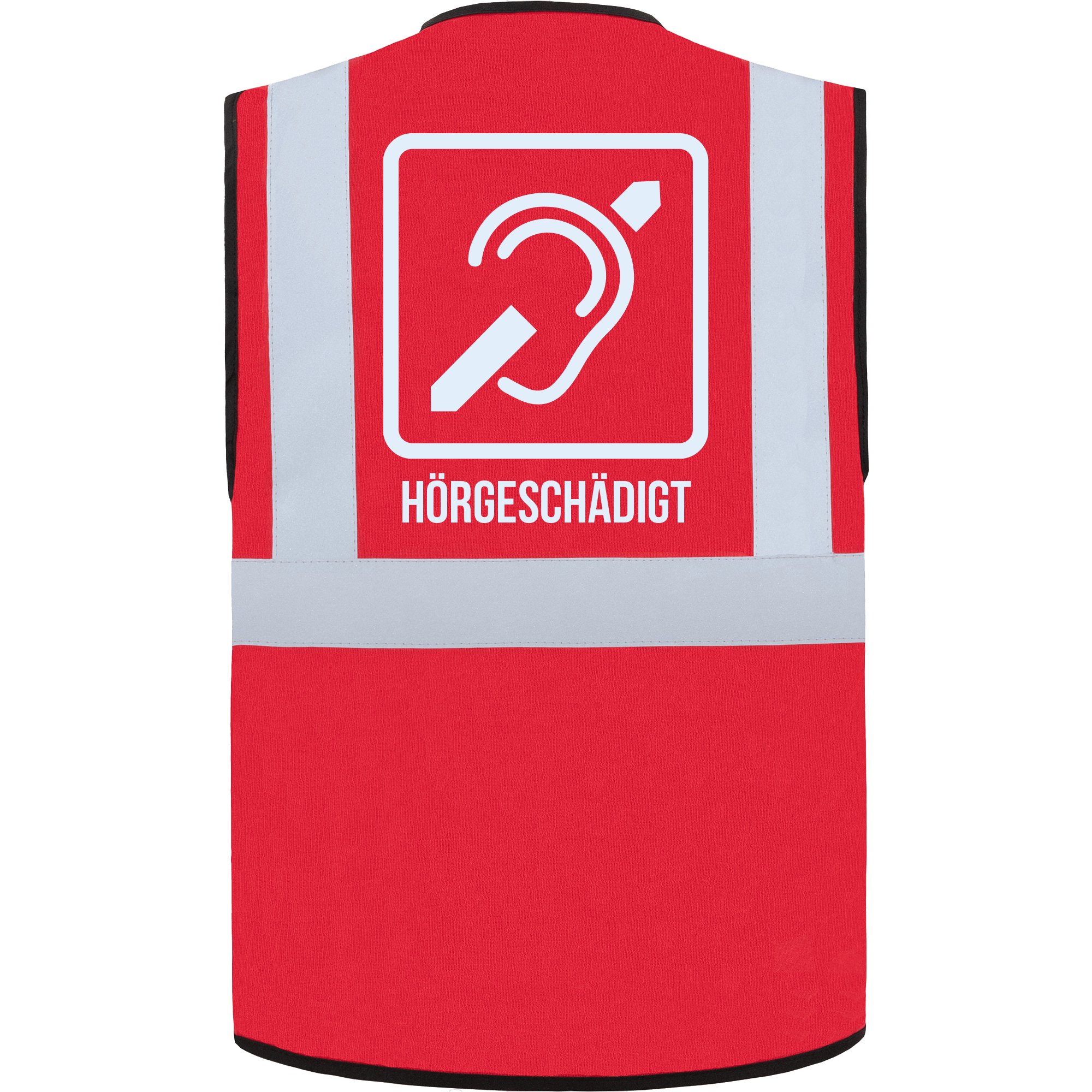 Korntex-KXMF-Warnwesten-rot-rue Warnweste für Hörgeschädigte mit reflektierendem Symbol rot hinten