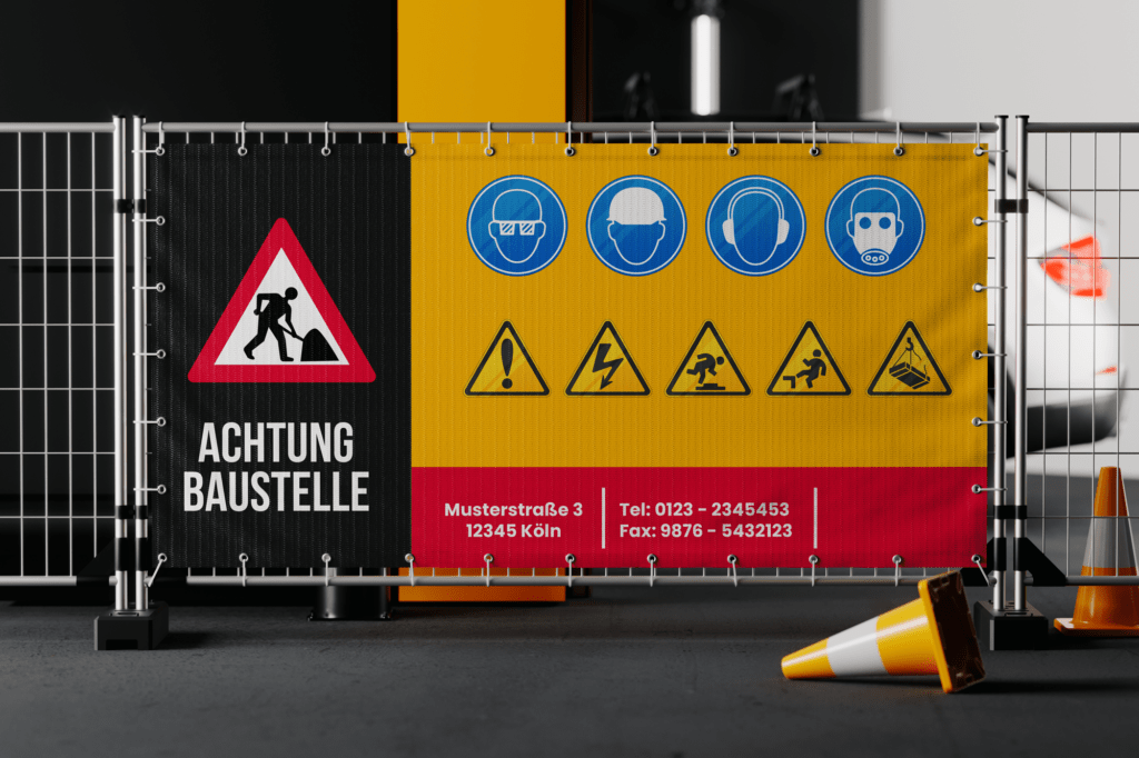 Bedrucktes Warn- und Hinweisschild als Beispiel für Werbetechnik