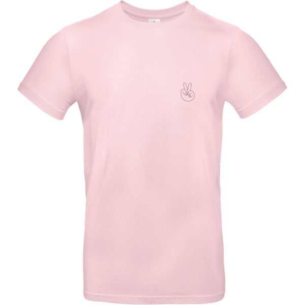 Herren Shirt in der Farbe rosa mit dunkelrotem "Peace" Handzeichen Aufdruck auf der linken Brustseite
