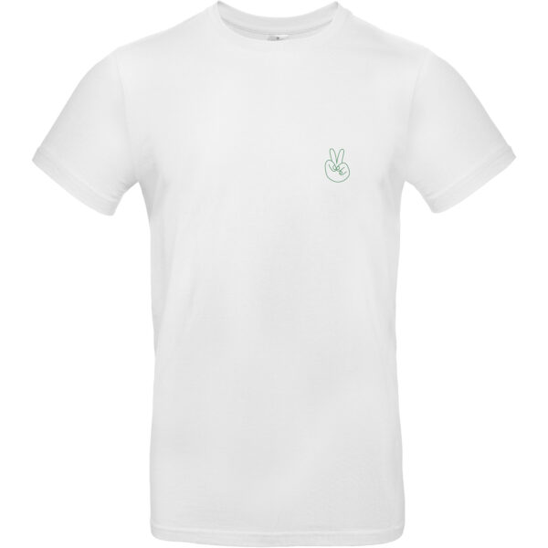 Herren Shirt in der Farbe weiß mit grünem "Peace" Handzeichen Aufdruck auf der linken Brustseite
