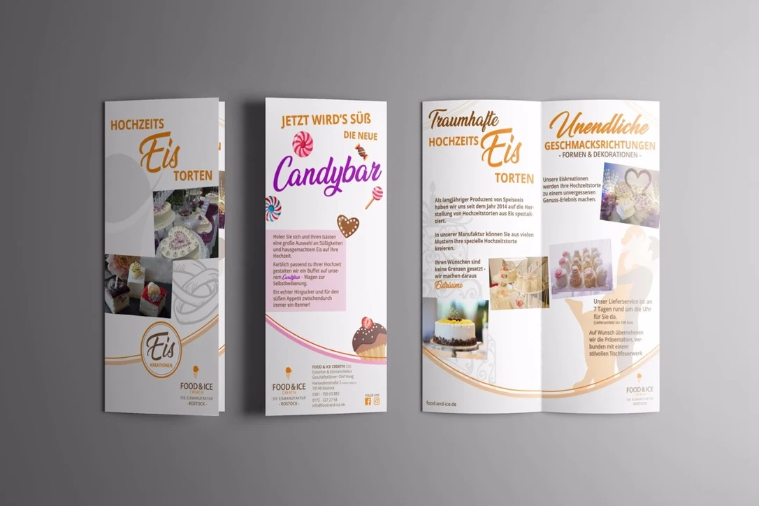 Entwurfsdarstellung eines Falzflyers für Eistorten und Candybar